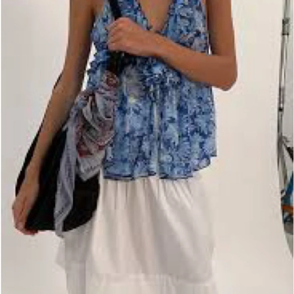 Free people Fearless Knit Tank Blue Floral Ruffle Halter Tank Top - Picture 6 of 7